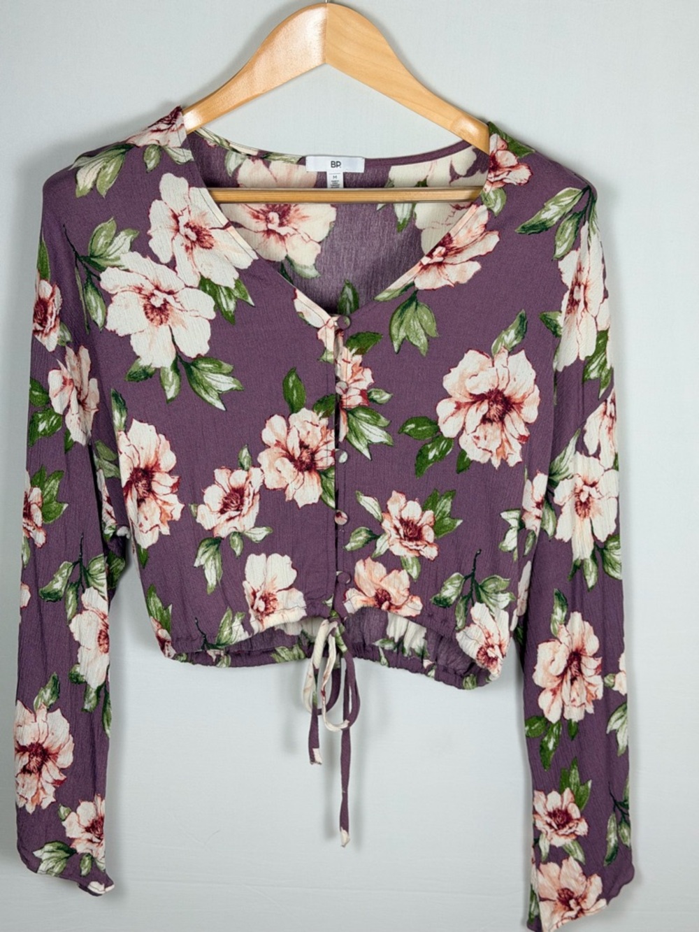 BP Purple Floral Tie Front Crop Top Long Sleeve Button Front Medium Romantic
